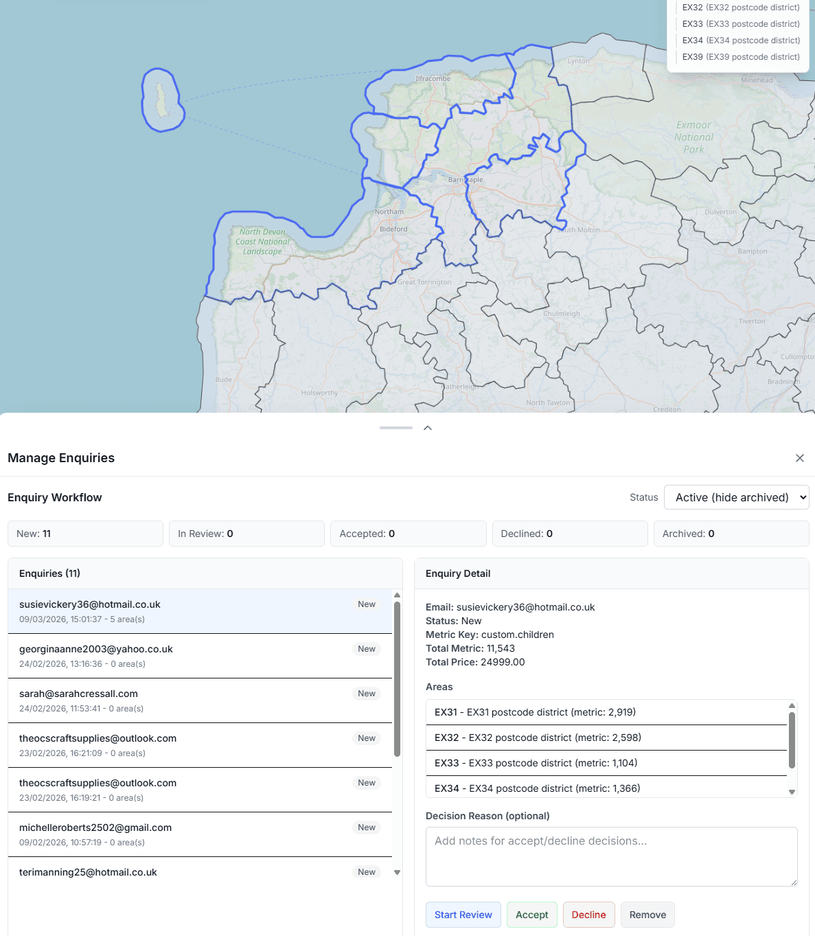 Lead conversion and enquiry workflow view