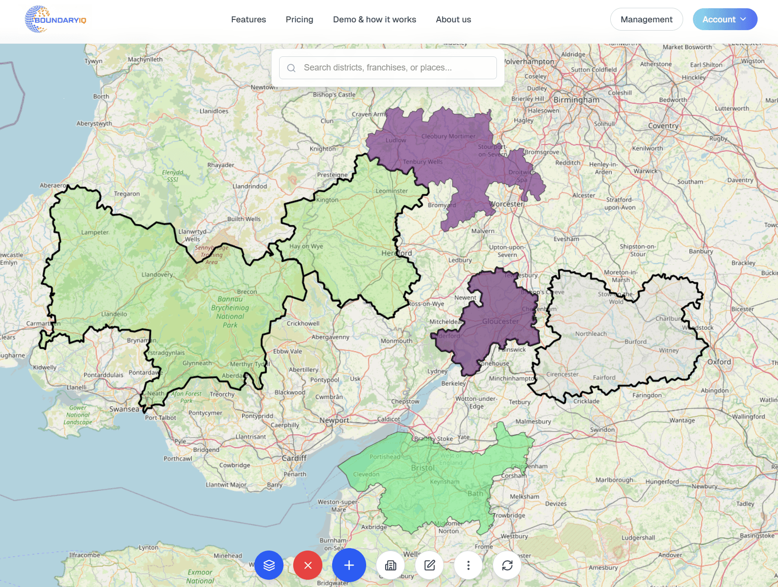 Custom territory boundaries drawn on a map