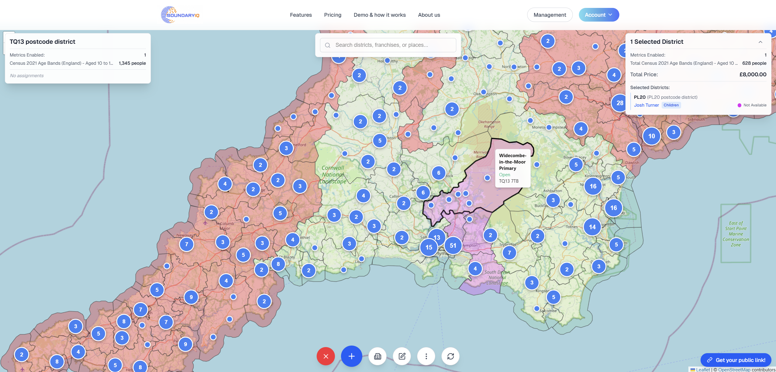 Territory data and points of interest overlaid on franchise areas